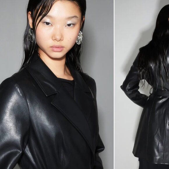 BNWT Premium H&M Vegan Leather Rain Shiny Sexy Trench Coat Black XXS - Picture 7 of 10